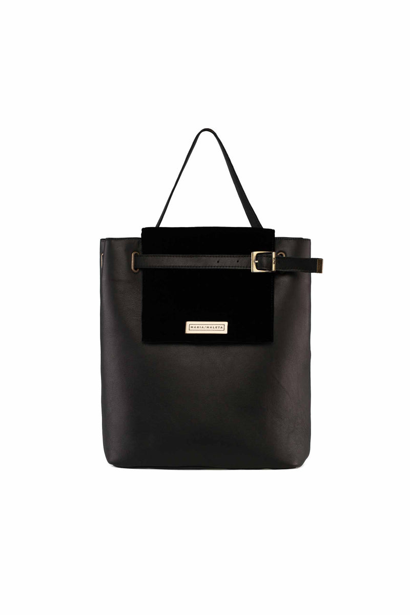 shoulder bag in black leather and black velvet