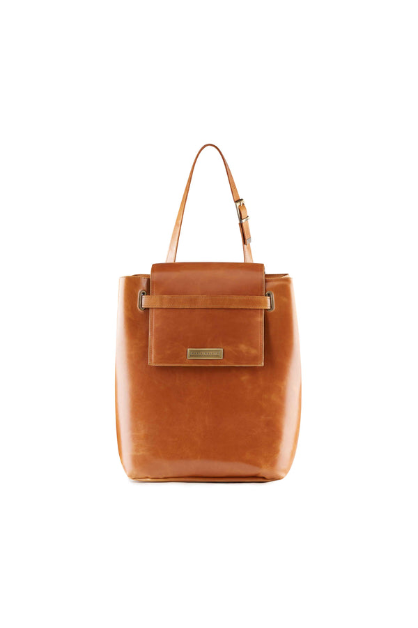 large bucket bag in brown leather